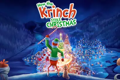 Illustrated scene from How the Grinch Stole Christmas, featuring a festive town, a candy cane-wielding character, and snowy mountains. Ideal for promoting themed team-building events for HR professionals seeking unique holiday activities.