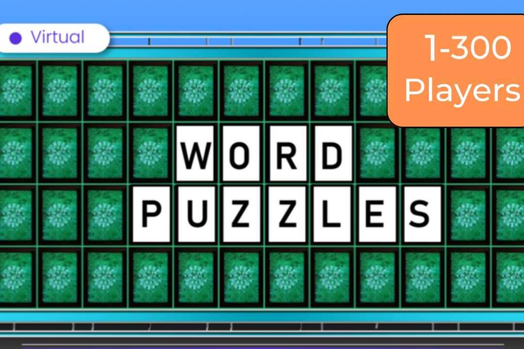 Virtual word puzzle game interface suitable for team-building activities, accommodating 1-300 players, perfect for HR professionals seeking engaging events.