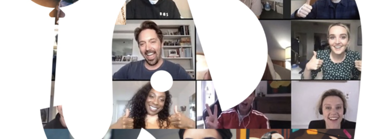 Collage of diverse colleagues participating in a virtual team-building event, each displaying enthusiasm and positive gestures like smiles and thumbs up, showcasing the camaraderie and engagement in a fun, collaborative setting. Ideal for HR professionals planning team activities.