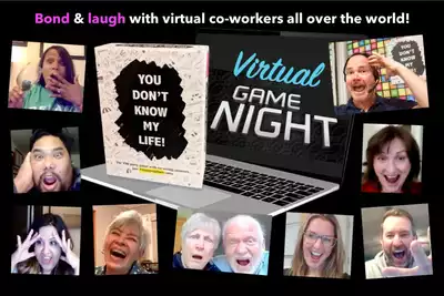 A collage of excited and smiling people participating in a Virtual Game Night for team building. The central focus is a laptop screen displaying the words Virtual Game Night alongside a game box titled You Don’t Know My Life!. The phrase Bond & laugh with virtual co-workers all over the world! is at the top, highlighting the event's focus on team engagement and fun for HR professionals seeking team-building activities.