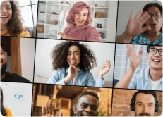 A screenshot of nine people in a video conference